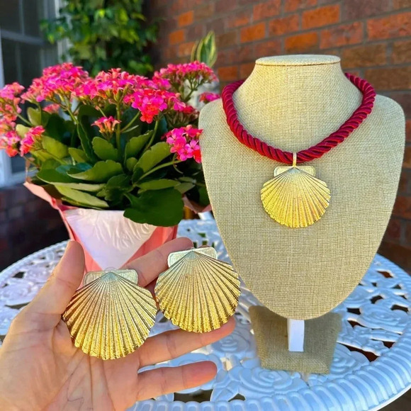 Seashell Gold Red Rope Chain Earrings Necklace Earrings Set - Picture 12 of 17